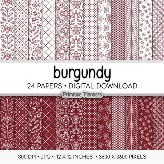 Burgundy Digital Paper | Minimal Floral Patterns | Deep Wine, Maroon & White | Printable Wedding and Scrapbook Backgrounds