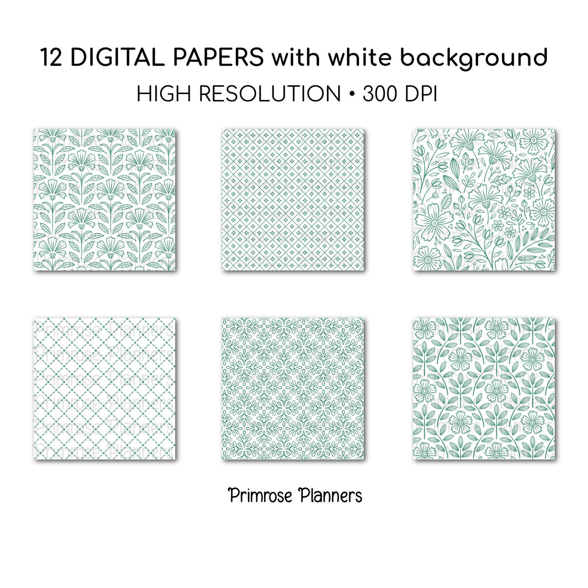 Emerald Green Digital Paper | Minimal Floral & Geometric Patterns | Jungle Green, White | Printable Scrapbook Backgrounds