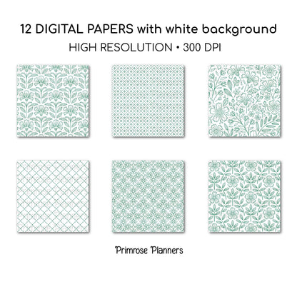 Emerald Green Digital Paper | Minimal Floral & Geometric Patterns | Jungle Green, White | Printable Scrapbook Backgrounds
