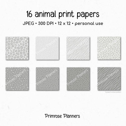 Dove Gray Animal Print Digital Paper Pack, Neutral Leopard Cheetah Zebra (Digital Download)