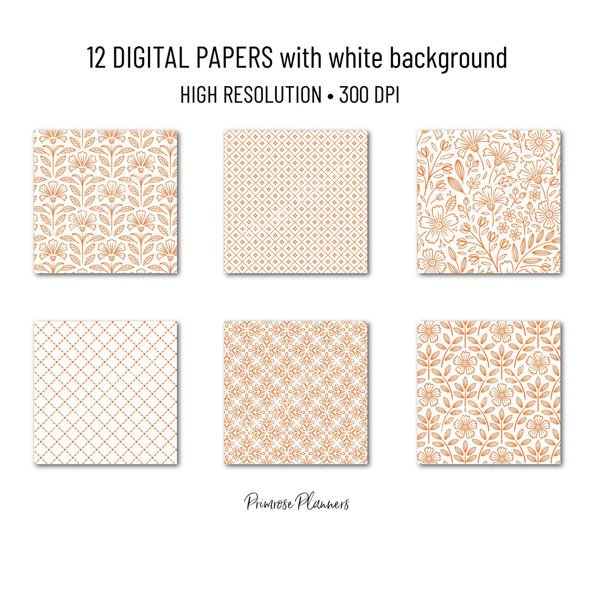 Orange Digital Paper Pack, Minimal Boho Floral Patterns, Bright Orange & White Scrapbook, Vibrant Citrus Background
