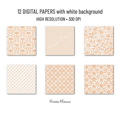 Orange Digital Paper Pack, Minimal Boho Floral Patterns, Bright Orange & White Scrapbook, Vibrant Citrus Background