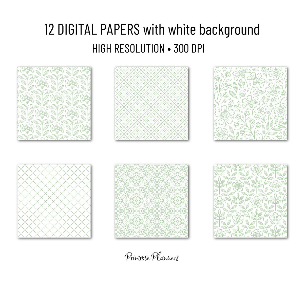 Pistachio Green Digital Paper, Minimal Boho Floral Seamless Patterns, Pastel Mint & White Scrapbook Paper, Soft Spring Background