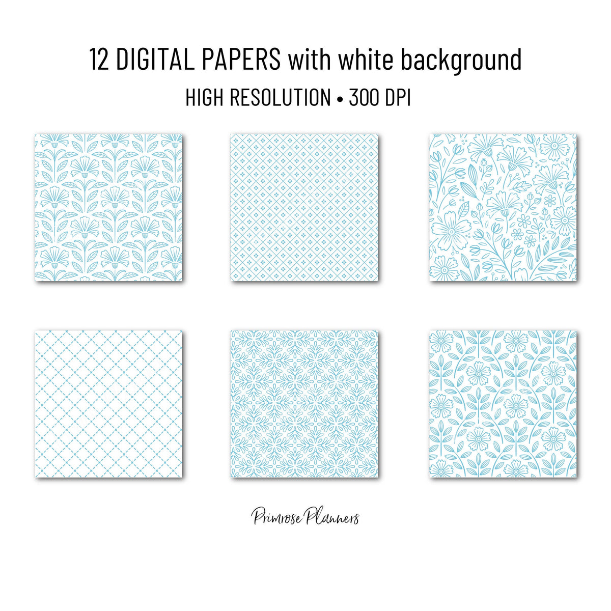 Aqua Blue Digital Paper Minimal Boho | Bright Teal White Seamless Patterns | Dainty Coastal Scrapbook Pack