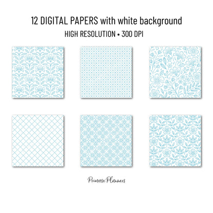 Aqua Blue Digital Paper Minimal Boho | Bright Teal White Seamless Patterns | Dainty Coastal Scrapbook Pack
