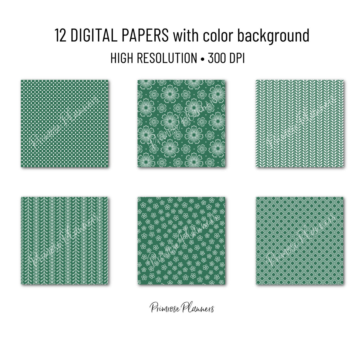 Green and White Digital Paper, Minimalist Boho Patterns, Classic Leaf Green Scrapbooking, Spring & Nature Print