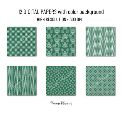 Green and White Digital Paper, Minimalist Boho Patterns, Classic Leaf Green Scrapbooking, Spring & Nature Print