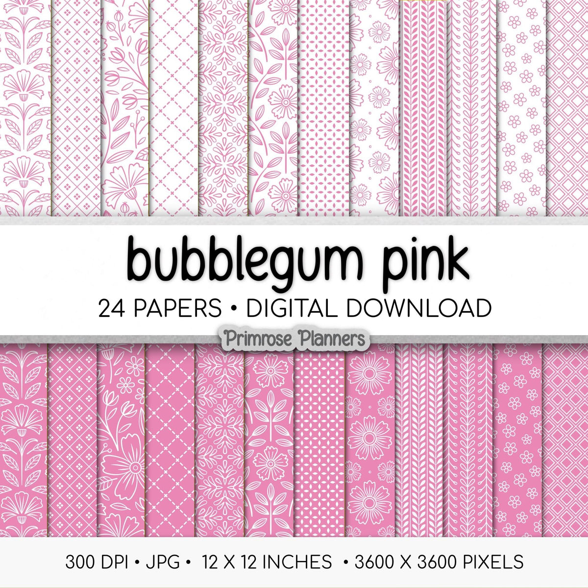 Bubblegum and White Digital Paper, Minimalist Boho Patterns, Vibrant Candy Pink Scrapbooking, Preppy Planner Print