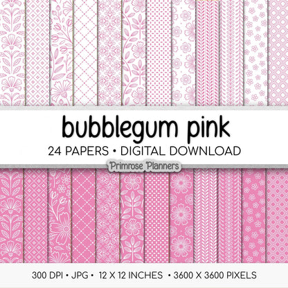 Bubblegum and White Digital Paper, Minimalist Boho Patterns, Vibrant Candy Pink Scrapbooking, Preppy Planner Print