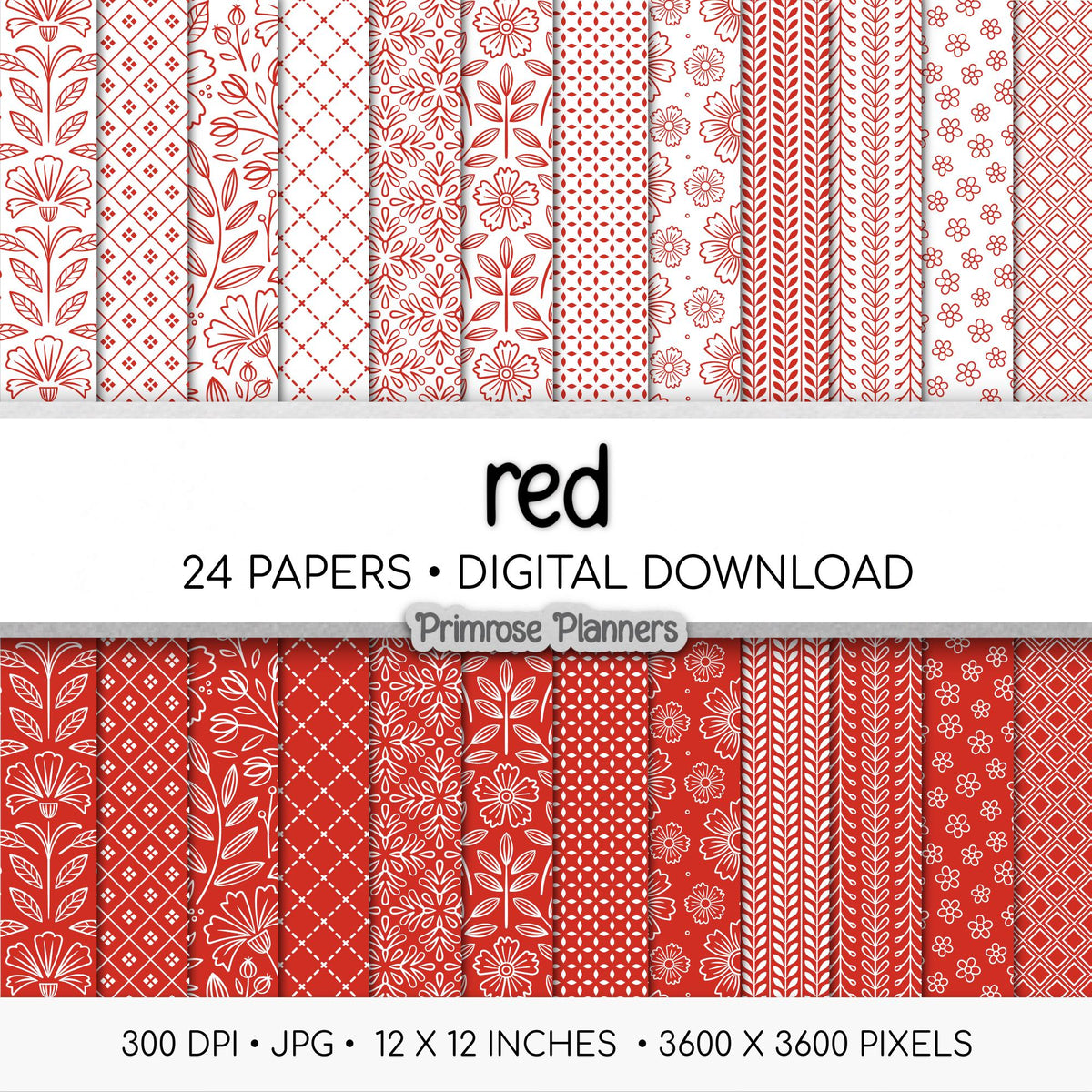 Red Digital Paper Pack, Minimal Boho Floral Patterns, Bright Red & White Scrapbook Paper, Classic Botanical Background