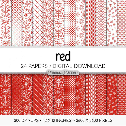 Red Digital Paper Pack, Minimal Boho Floral Patterns, Bright Red & White Scrapbook Paper, Classic Botanical Background