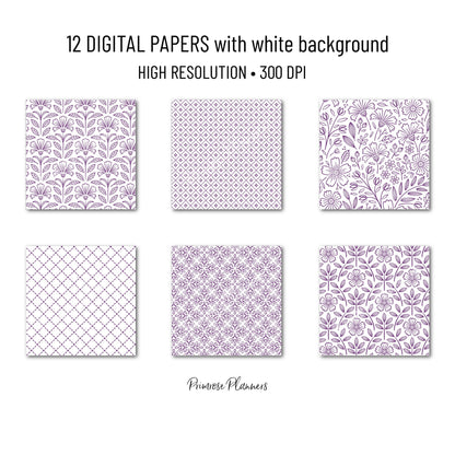 Grape and White Digital Paper, Minimalist Boho Patterns, Vibrant Royal Purple Scrapbooking, Kids & Party Print