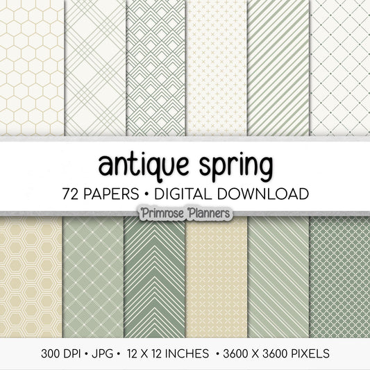 Antique Spring Digital Paper Bundle | Minimal Floral, Geometric Patterns | Chamomile, Thyme, Rosemary | Cottagecore Herb Backgrounds