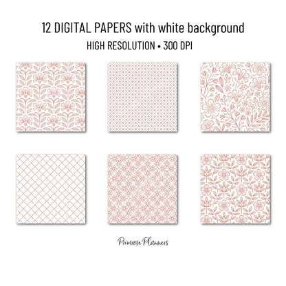Rose Red Digital Paper, Minimal Boho Floral Patterns, Berry Red & White Scrapbook Paper, Romantic Botanical Background