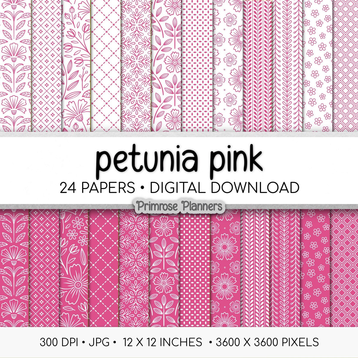 PETUNIA PINK Patterns Digital Paper Pack | Digital Striped Paper | Printable Scrapbook Paper | Instant Download | Floral, Flowers, Dots