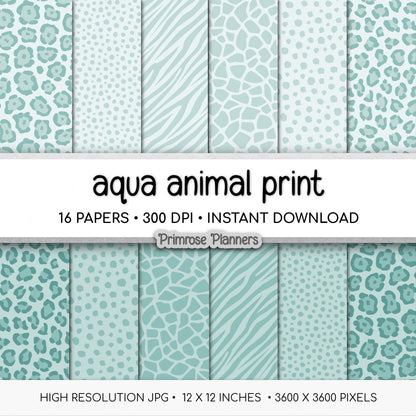 Dusty Aqua Animal Print Digital Paper Pack, Leopard Cheetah Zebra Patterns (Digital Download)