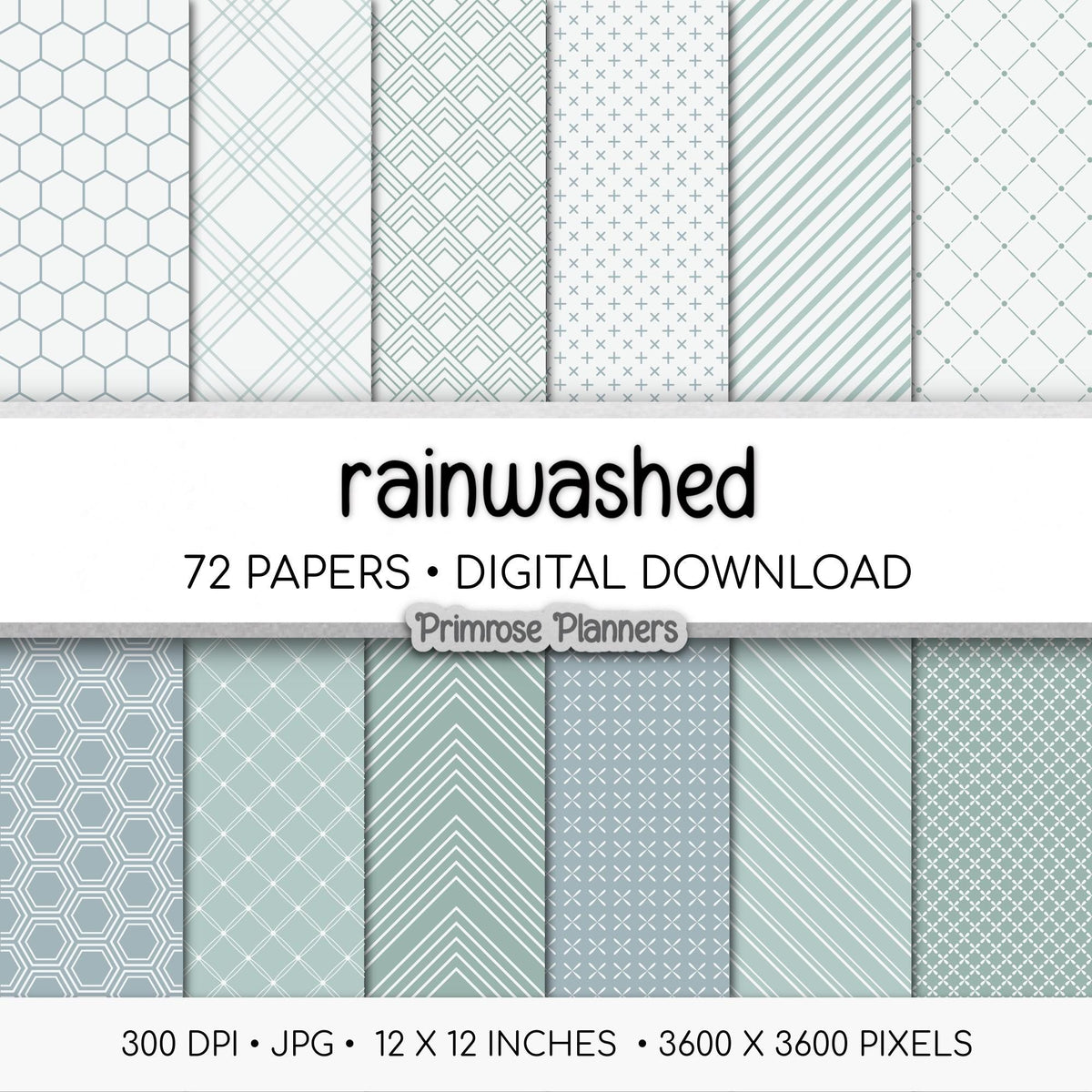 Rainwashed Digital Paper Bundle | Minimal Floral, Geometric Patterns | Dusty Aqua, Grey Blue | Coastal Minimalist Scrapbook