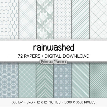 Rainwashed Digital Paper Bundle | Minimal Floral, Geometric Patterns | Dusty Aqua, Grey Blue | Coastal Minimalist Scrapbook