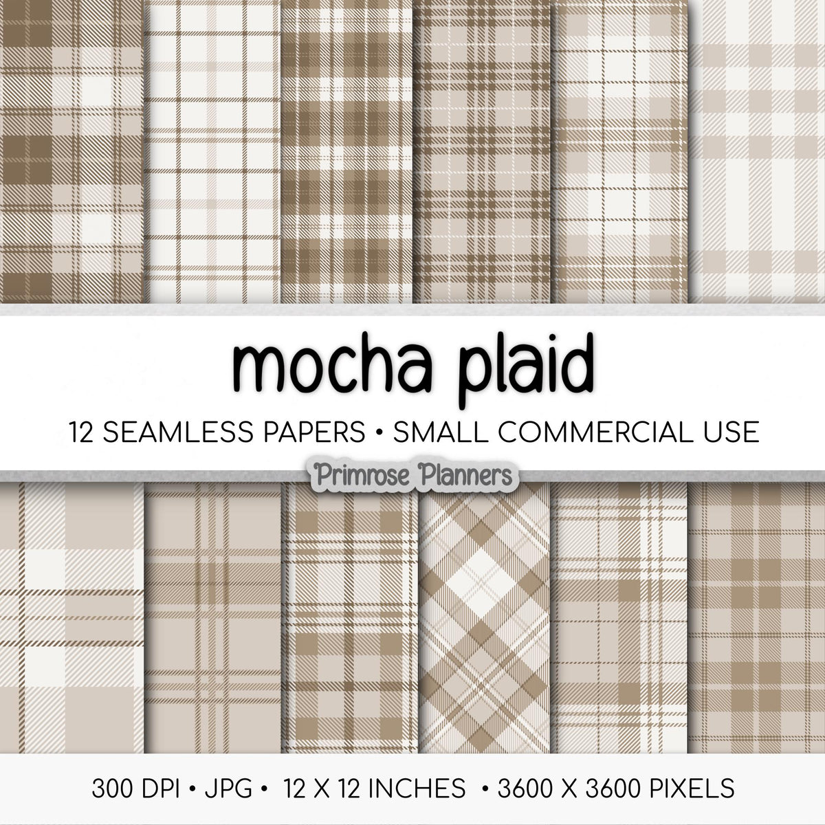 Seamless Mocha Brown Plaid Digital Paper, Buffalo Check, Warm Latte Tartan Patterns, Neutral Fall Scrapbook, Commercial Use, 300 DPI