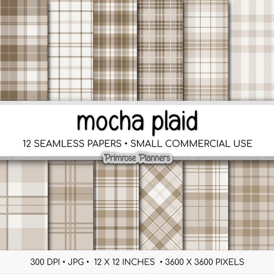 Seamless Mocha Brown Plaid Digital Paper, Buffalo Check, Warm Latte Tartan Patterns, Neutral Fall Scrapbook, Commercial Use, 300 DPI