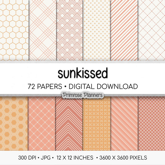 Sunkissed Digital Paper Bundle | Minimal Floral, Geometric Patterns | Warm Peach, Apricot, Terracotta | Boho Sunshine Scrapbook