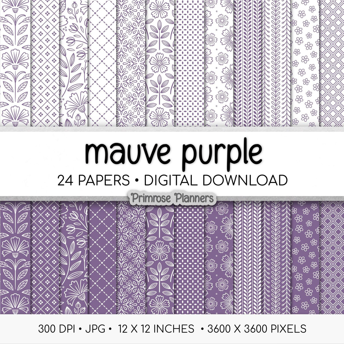 Muted Mauve Purple Digital Paper Minimal Boho | White Dusty Rose Seamless Patterns | Dainty Floral Scrapbook Pack