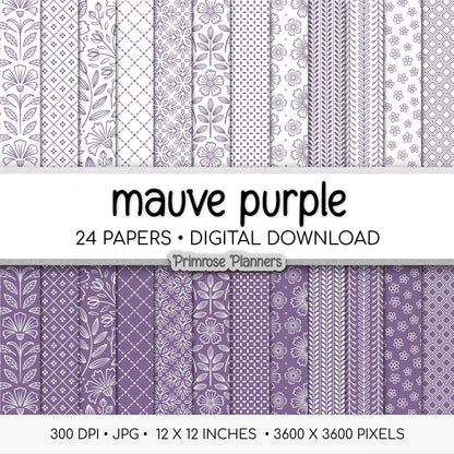 Muted Mauve Purple Digital Paper Minimal Boho | White Dusty Rose Seamless Patterns | Dainty Floral Scrapbook Pack