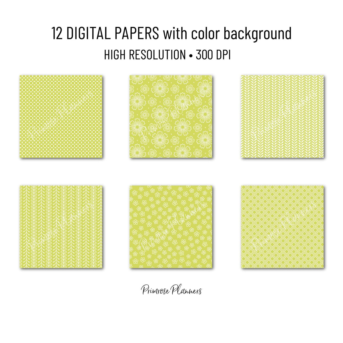 Lime Green and White Digital Paper, Minimalist Flower Patterns, Fresh Citrus Green Backgrounds, Spring Planner Print