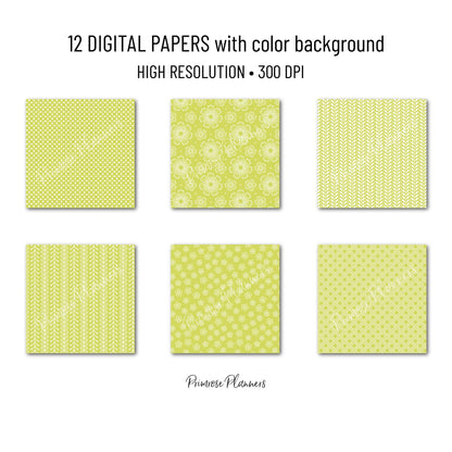 Lime Green and White Digital Paper, Minimalist Flower Patterns, Fresh Citrus Green Backgrounds, Spring Planner Print