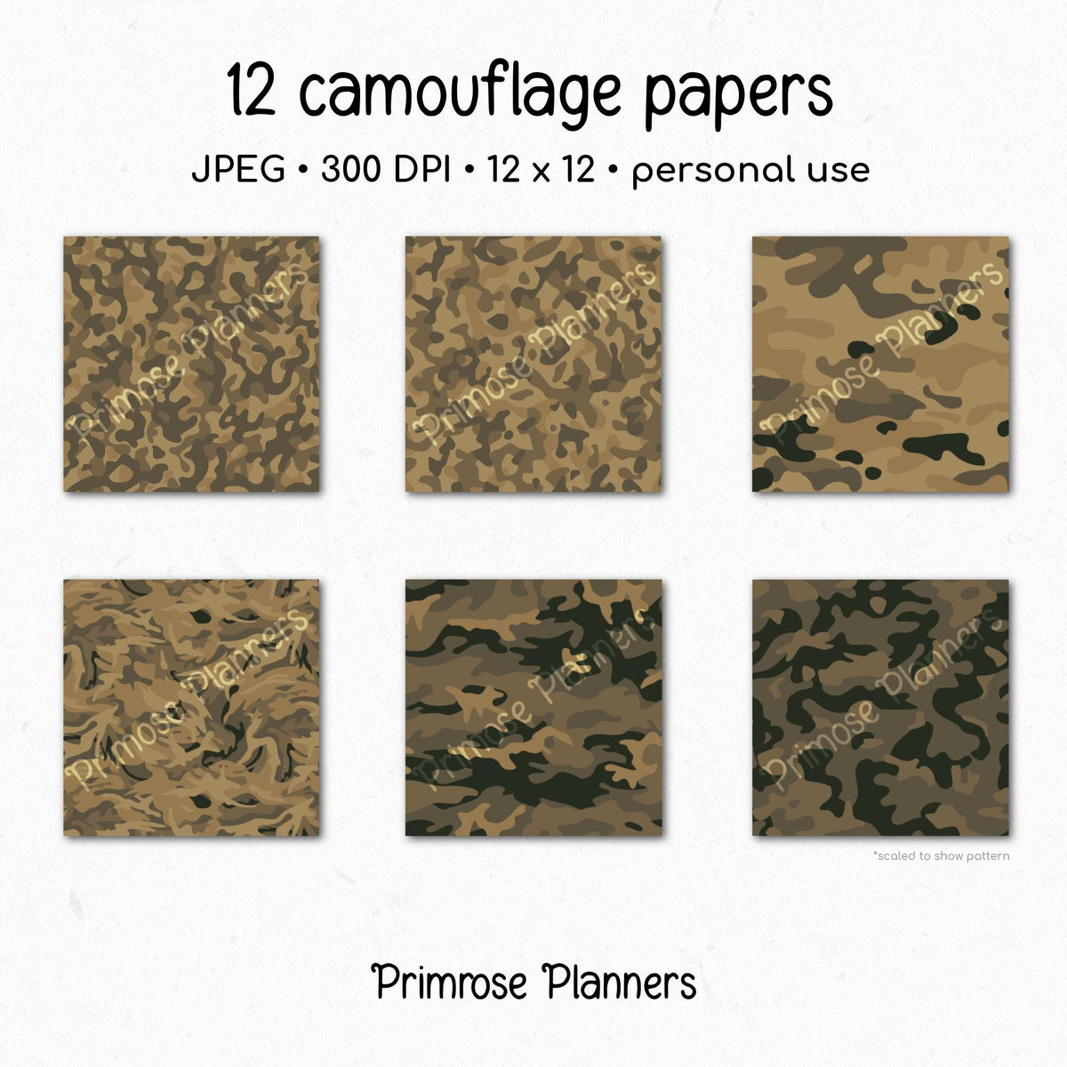 Rustic Camouflage Digital Paper Pack, Warm Brown Olive Army Pattern (Instant Download)