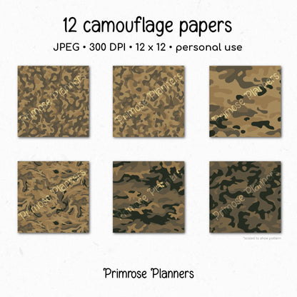 Rustic Camouflage Digital Paper Pack, Warm Brown Olive Army Pattern (Instant Download)