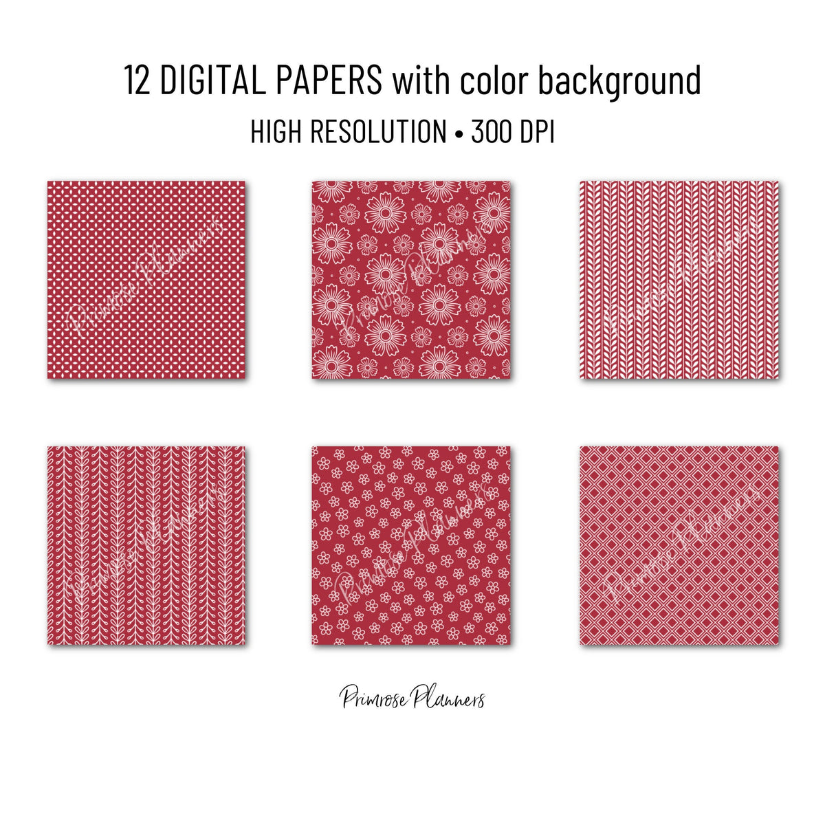 Ruby Red Digital Paper | Minimal Floral Patterns | Deep Crimson & White | Printable Christmas and Valentine Scrapbook Backgrounds