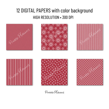 Ruby Red Digital Paper | Minimal Floral Patterns | Deep Crimson & White | Printable Christmas and Valentine Scrapbook Backgrounds