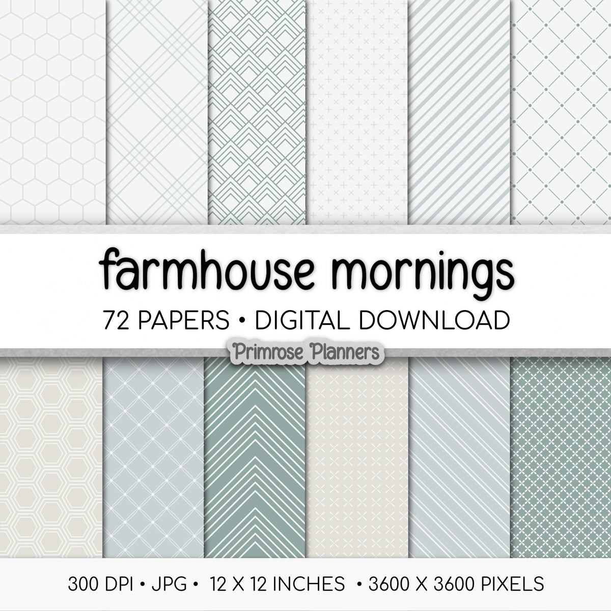 Farmhouse Mornings Digital Paper Bundle | Minimal Floral, Geometric | Greige, Duck Egg, Dusty Aqua | Spring Farmhouse Scrapbook