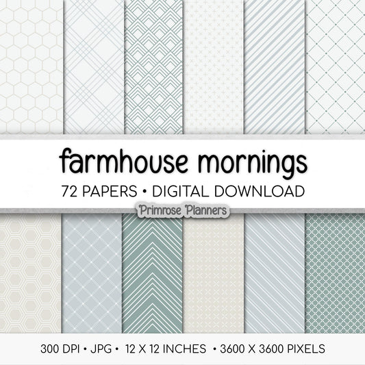Farmhouse Mornings Digital Paper Bundle | Minimal Floral, Geometric | Greige, Duck Egg, Dusty Aqua | Spring Farmhouse Scrapbook