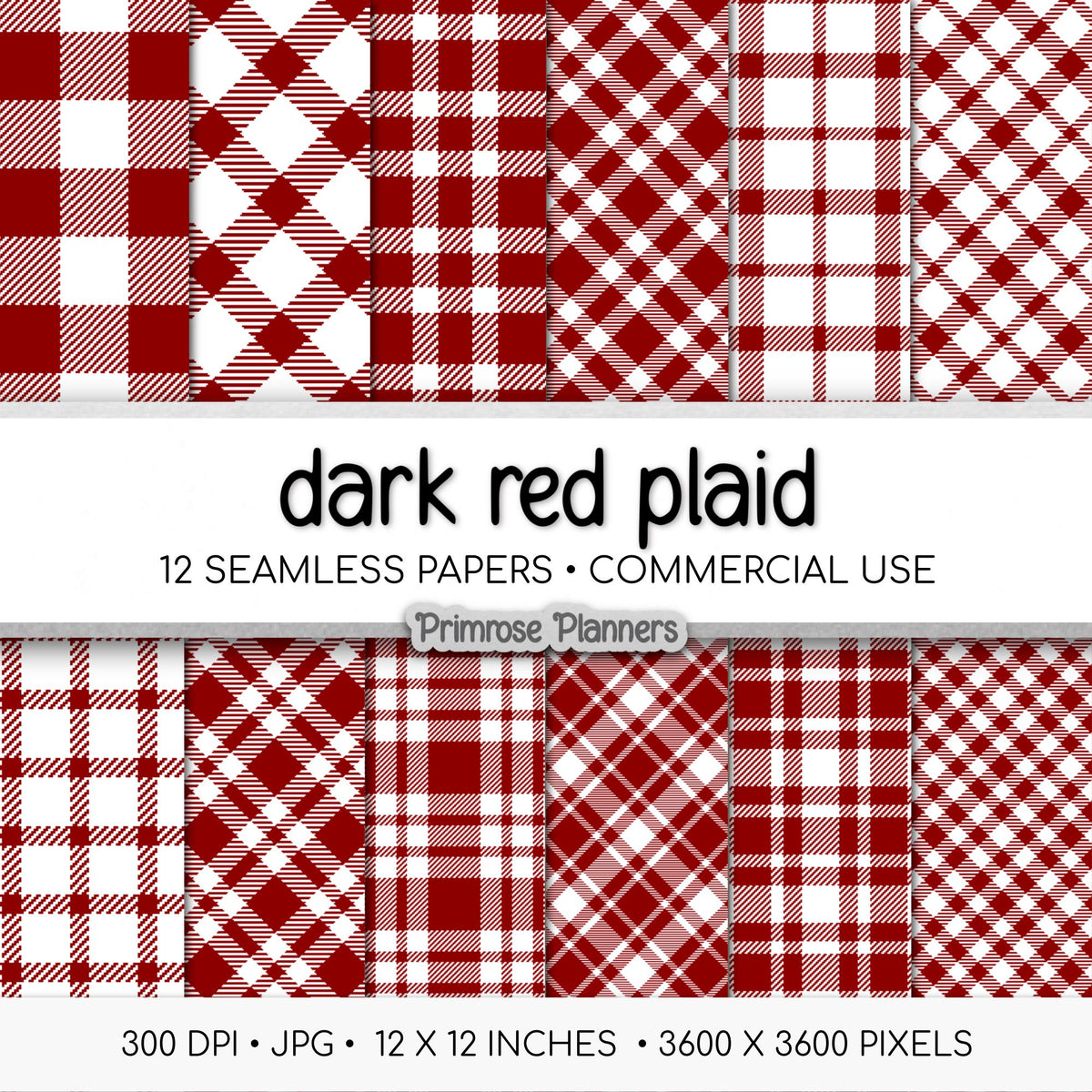 Seamless Dark Red Plaid Digital Paper, Buffalo Check, White Tartan Patterns, Christmas Scrapbook, Commercial Use, 300 DPI