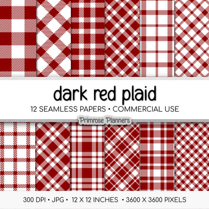 Seamless Dark Red Plaid Digital Paper, Buffalo Check, White Tartan Patterns, Christmas Scrapbook, Commercial Use, 300 DPI