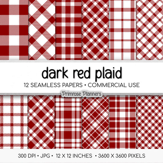 Seamless Dark Red Plaid Digital Paper, Buffalo Check, White Tartan Patterns, Christmas Scrapbook, Commercial Use, 300 DPI