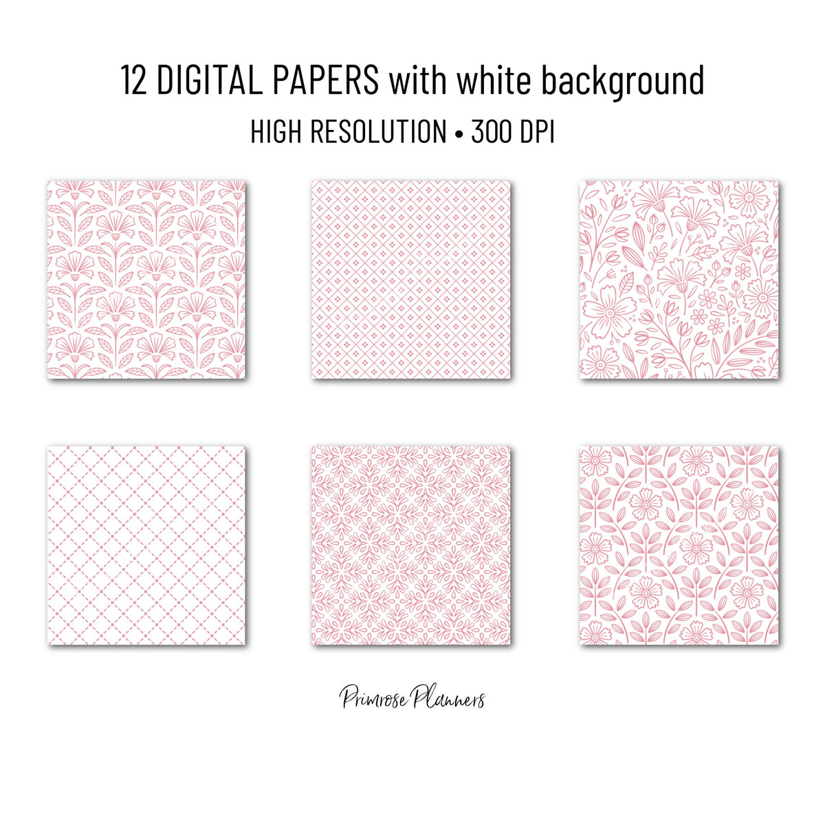 Sweet Pink and White Digital Paper, Minimalist Boho Patterns, True Pink Scrapbooking, Baby Girl & Nursery Print