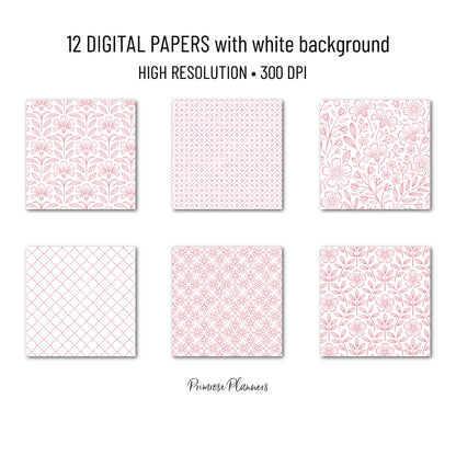 Sweet Pink and White Digital Paper, Minimalist Boho Patterns, True Pink Scrapbooking, Baby Girl & Nursery Print
