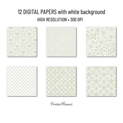 Sage Green Digital Paper Pack, Minimal Boho Floral Patterns, Earthy Green & White Scrapbook, Botanical Background
