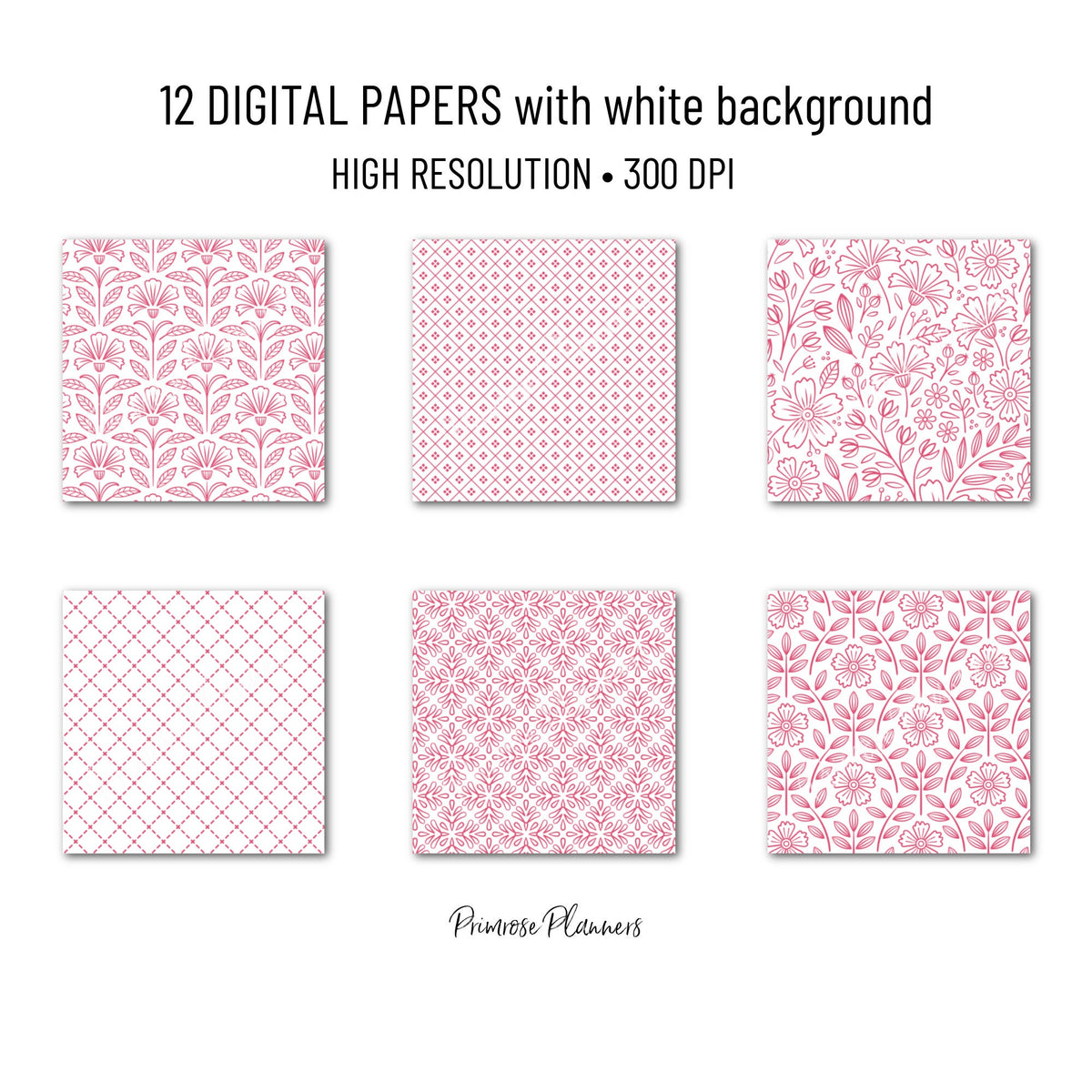 Azalea and White Digital Paper, Minimalist Boho Patterns, Vibrant Garden Pink Scrapbooking, Spring & Summer Print