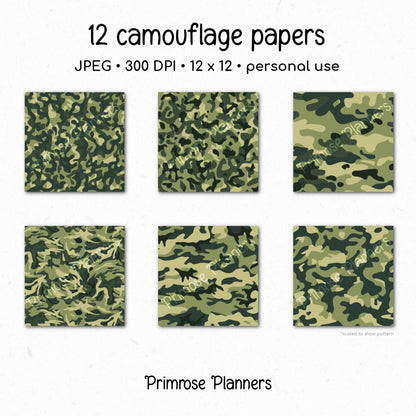 Green Camouflage Digital Paper, Moss Sage Jungle Camo Backgrounds, Military Print Pattern, Outdoor Scrapbooking