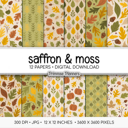 Autumn Forest Digital Paper | Seamless Fall Leaves, Mushrooms & Acorns | Earthy Burnt Orange and Moss Green | Printable Scrapbook Paper Pack