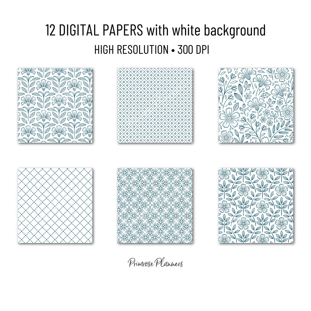 Dark Teal Digital Paper Pack, Minimal Boho Floral Patterns, White & Teal Printable Scrapbook Paper, Elegant Botanical Background