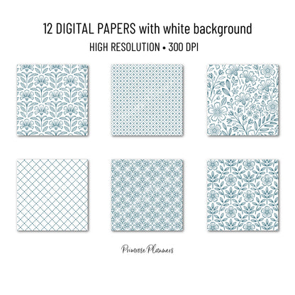 Dark Teal Digital Paper Pack, Minimal Boho Floral Patterns, White & Teal Printable Scrapbook Paper, Elegant Botanical Background