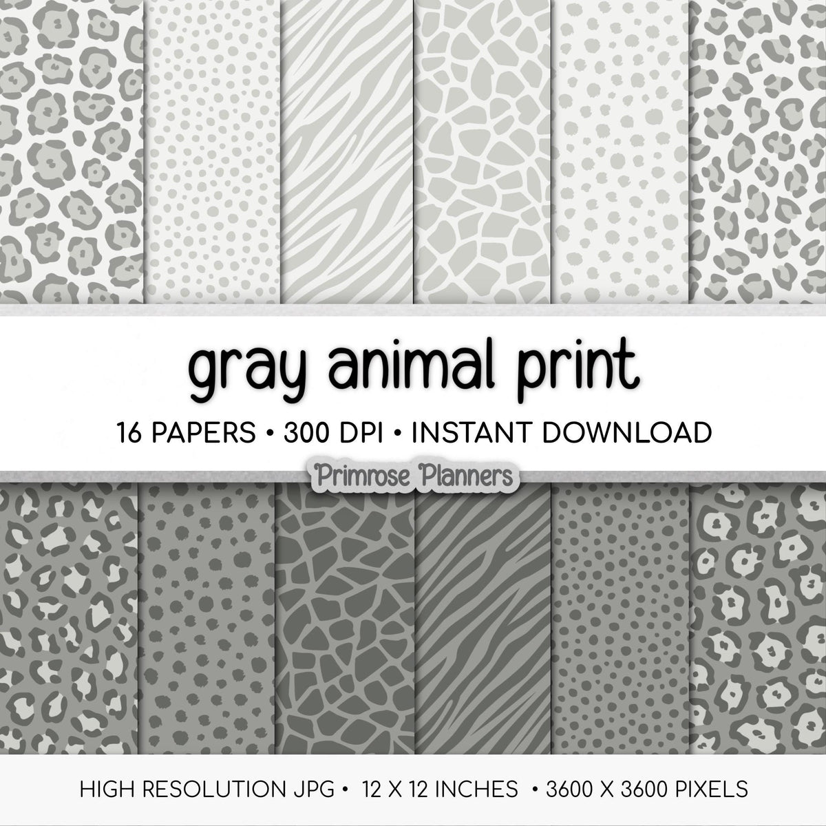 Gray Animal Print Digital Paper Pack – Leopard, Zebra, Giraffe Patterns (Digital Download)