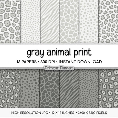 Gray Animal Print Digital Paper Pack – Leopard, Zebra, Giraffe Patterns (Digital Download)