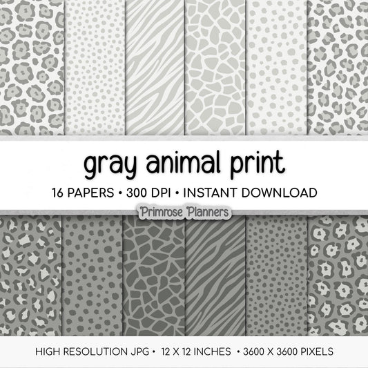 Gray Animal Print Digital Paper Pack – Leopard, Zebra, Giraffe Patterns (Digital Download)