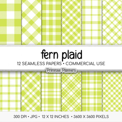 Seamless Fern Green Plaid Digital Paper, Buffalo Check, Nature Tartan Patterns, Spring Botanical Scrapbook, Commercial Use, 300 DPI